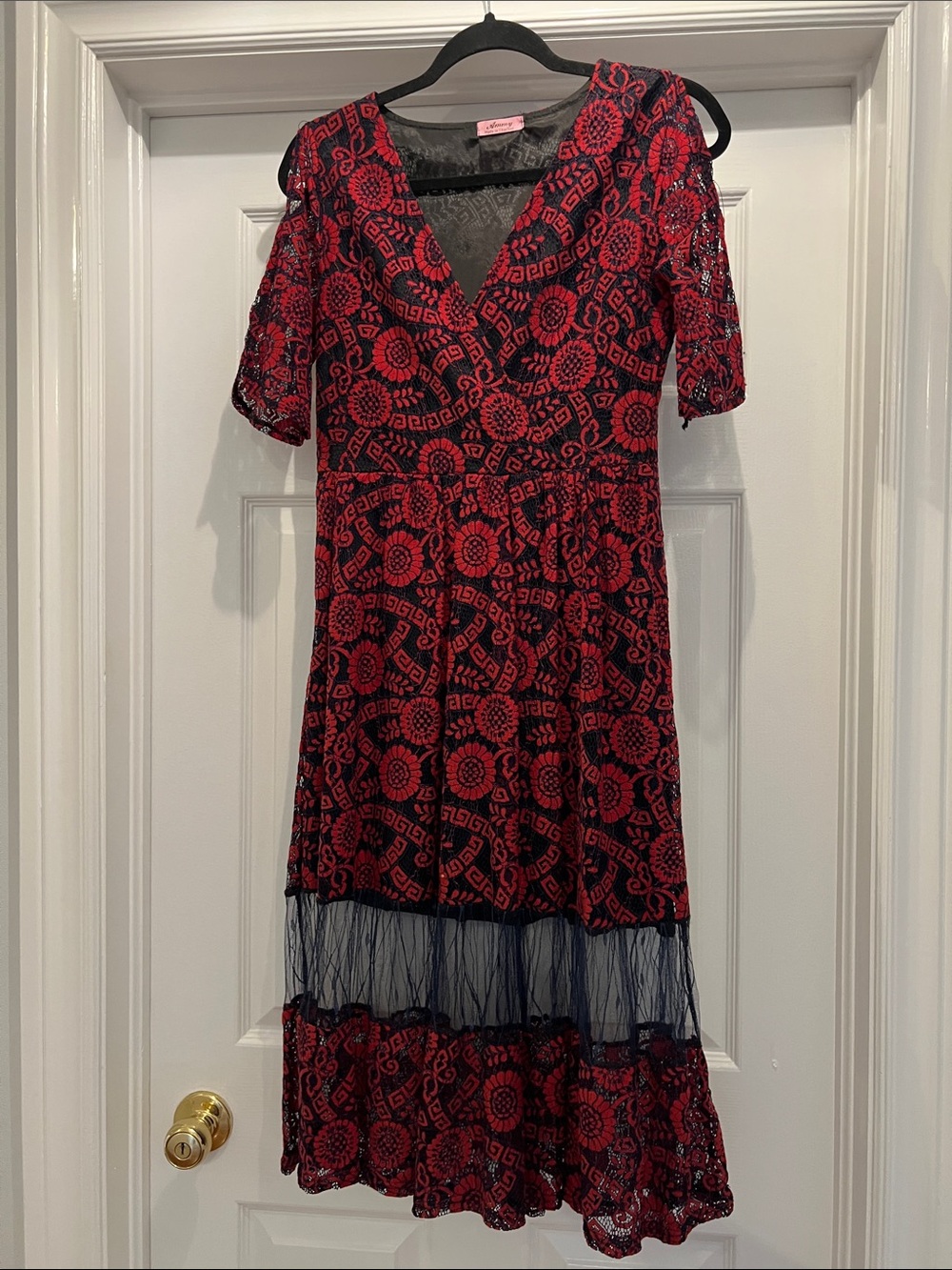 Lace Overlay V-Neck Midi Dress